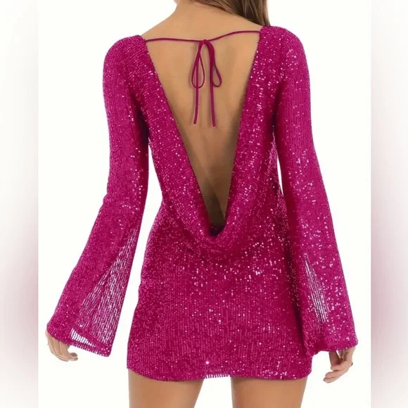 Pink Sequin Long Sleeve Backless Bodycon Mini Dress - Picture 3 of 5